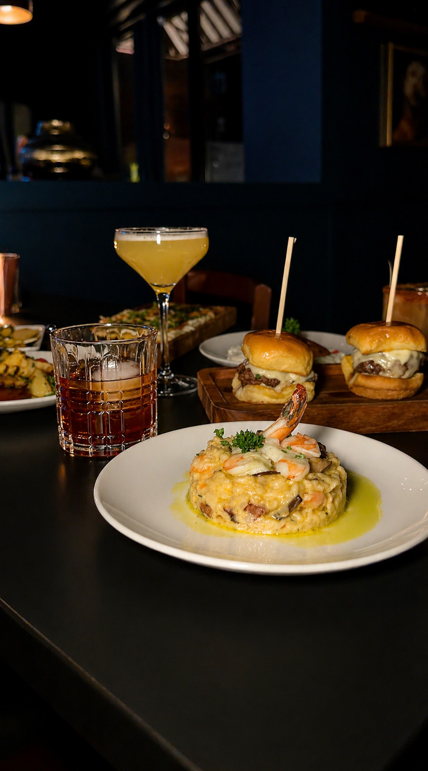 Shrimp risotto with sliders and a martini