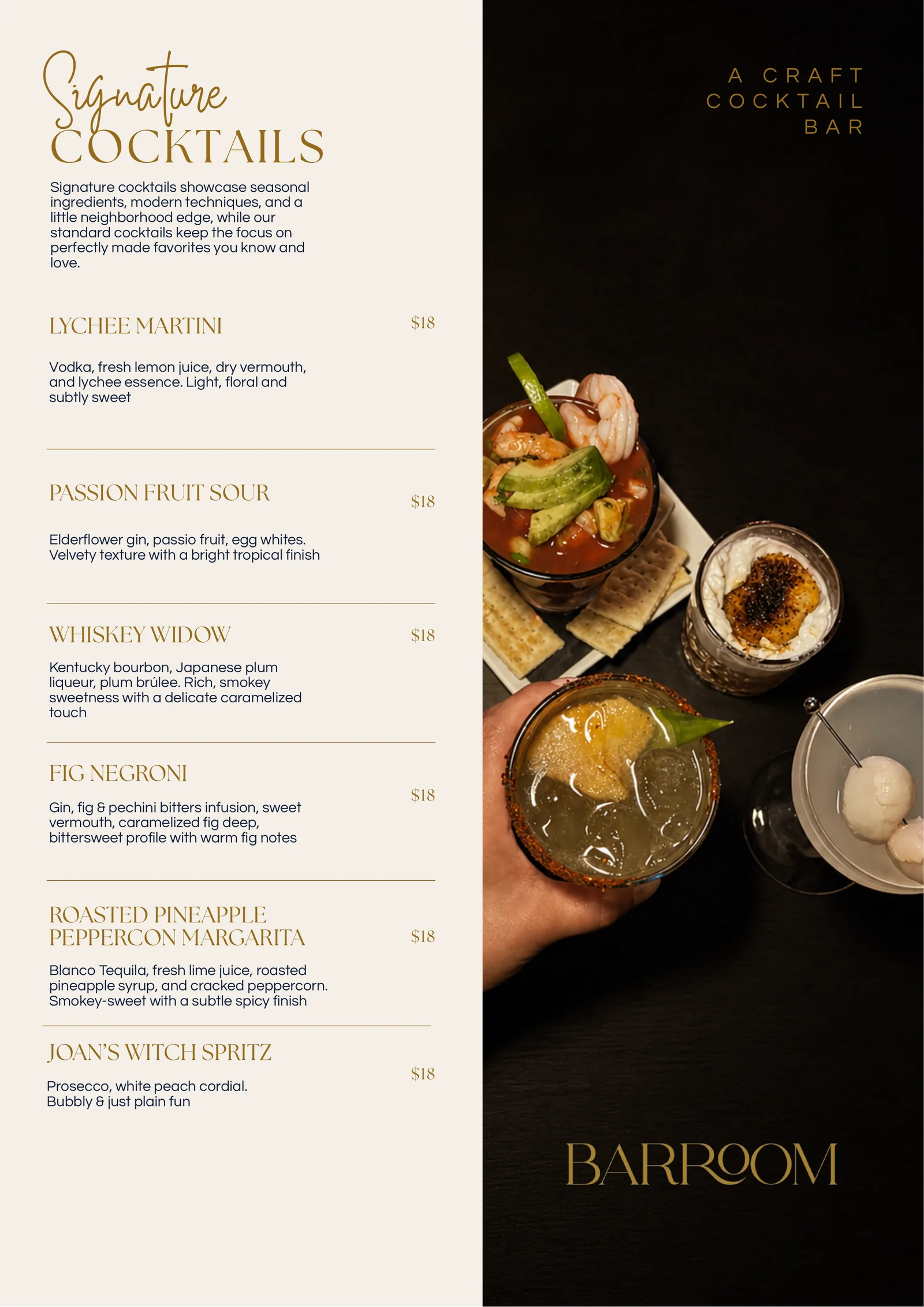 BARROOM menu page: Signature Cocktails