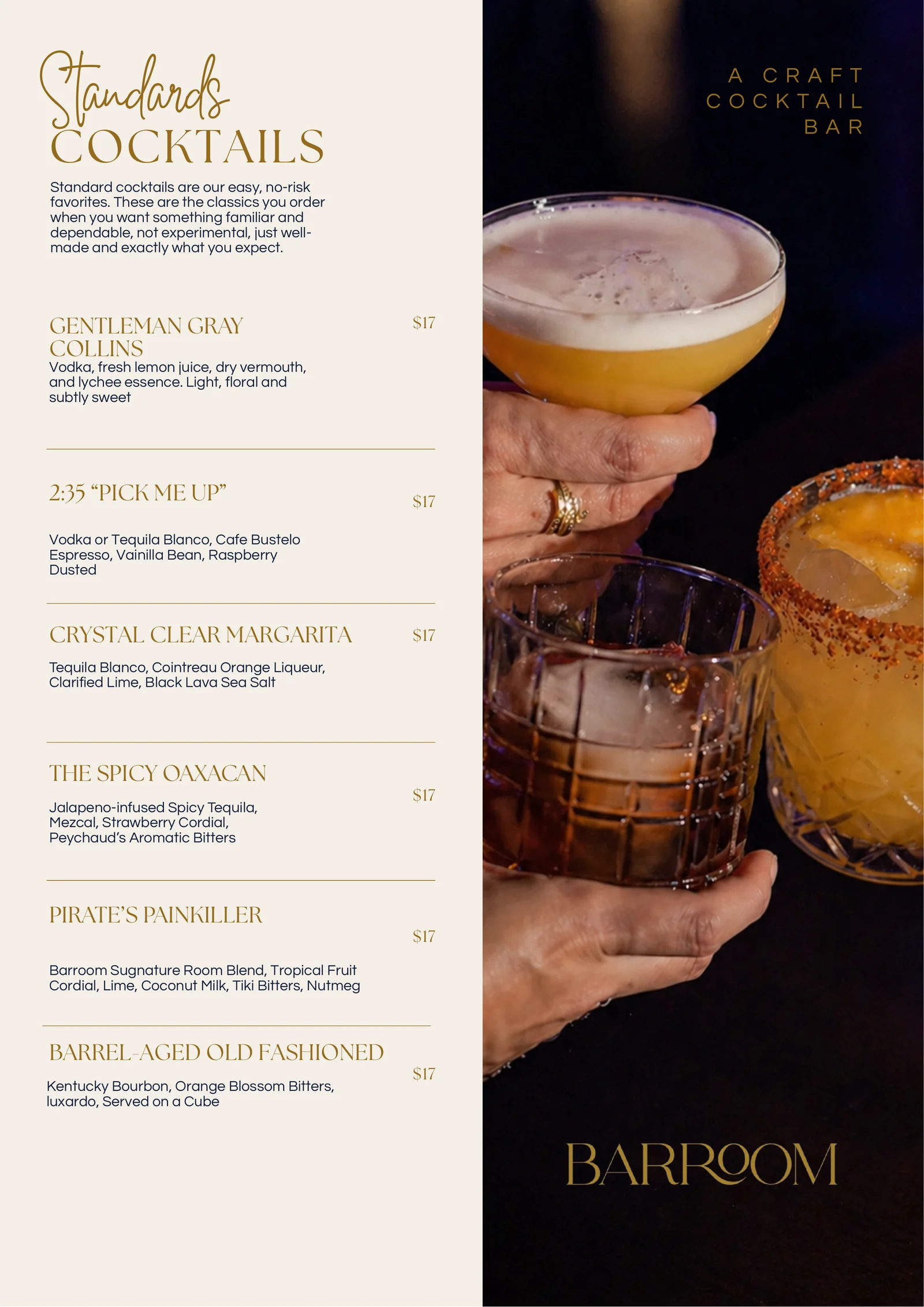 BARROOM menu page: Standards Cocktails