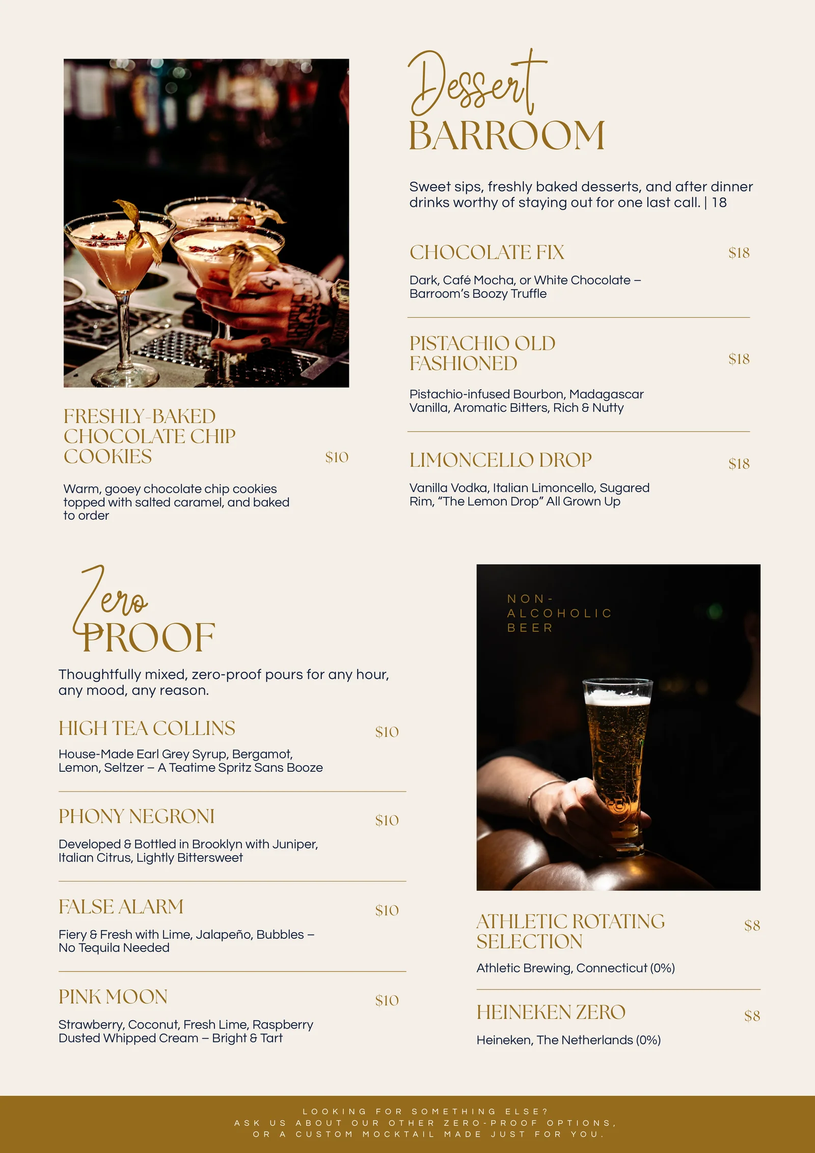 BARROOM menu page: Dessert, Zero Proof, and non-alcoholic beer