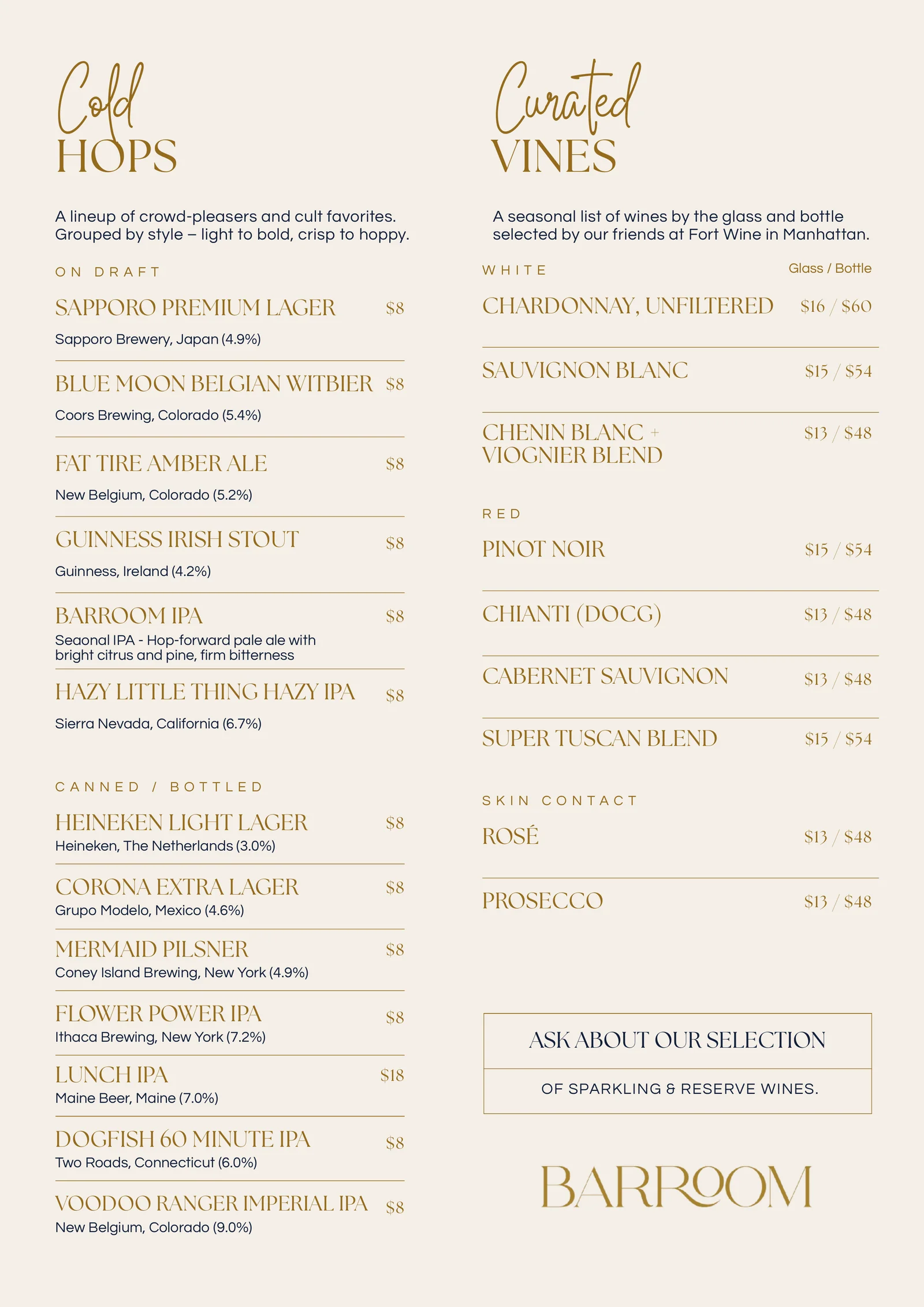 BARROOM menu page: Cold Hops beers and Curated Vines wines