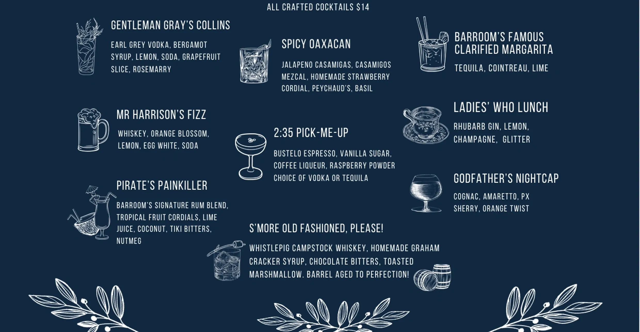 BARROOM Crafted Cocktails menu, all $14