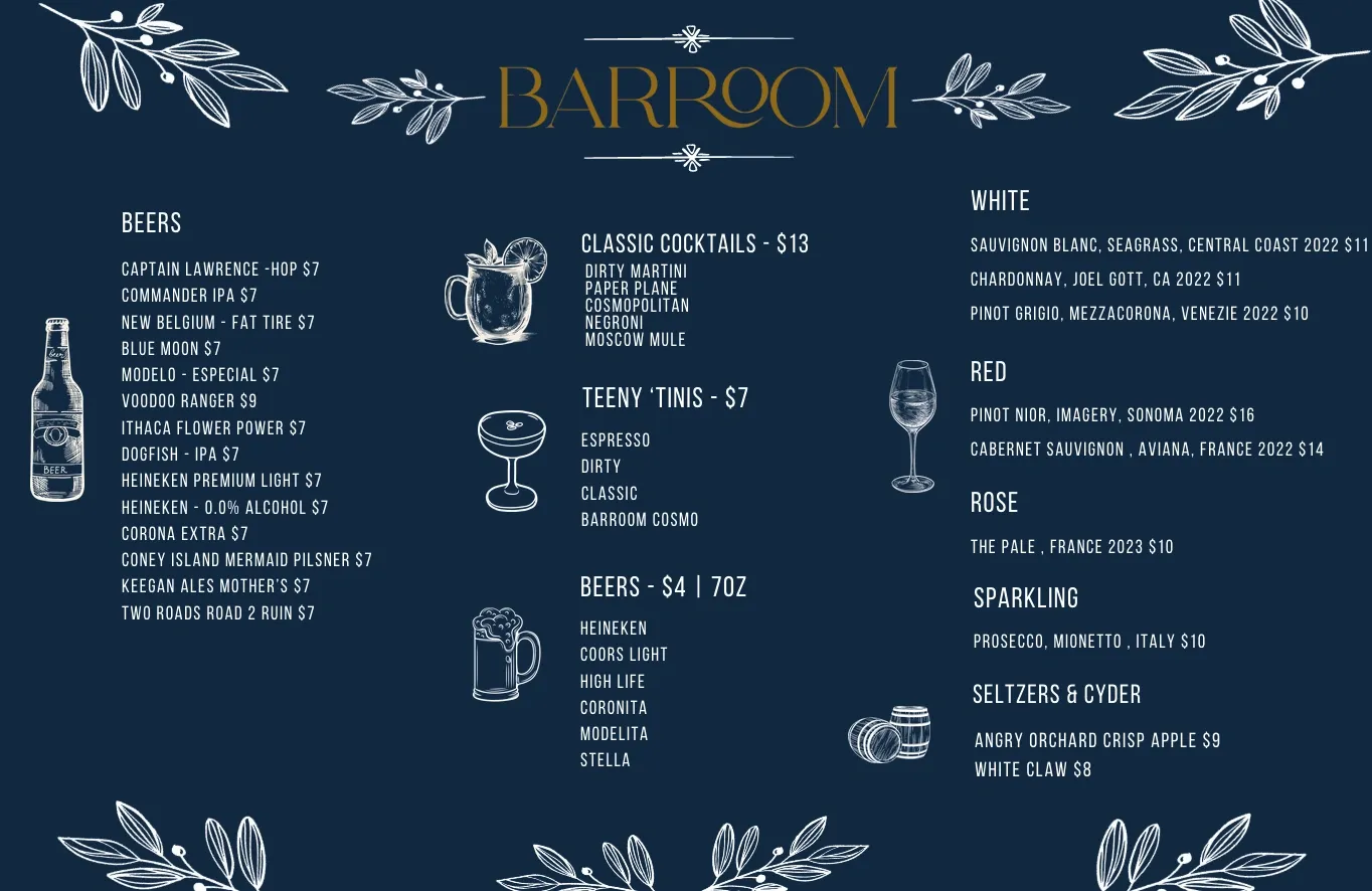 BARROOM Beer, Wine, Classic Cocktails and Teeny Tinis menu