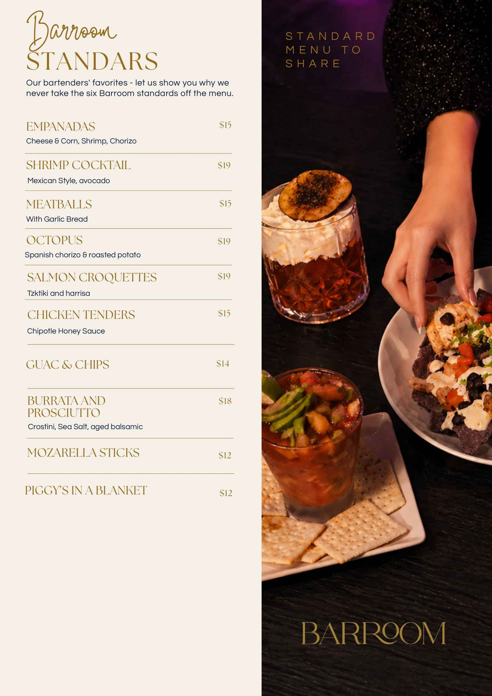BARROOM Standards menu to share, page 1: empanadas, shrimp cocktail, meatballs, octopus, salmon croquettes, chicken tenders and more