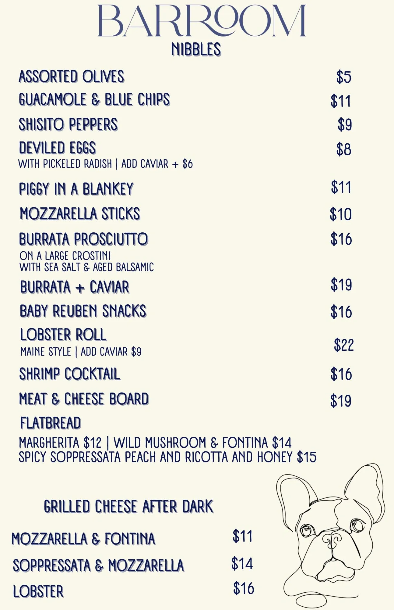 BARROOM Nibbles menu, small plates, flatbreads and grilled cheese after dark